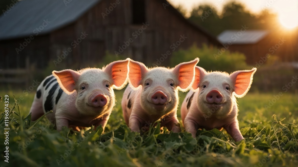 Three playful piglets in a grassy field at sunset, showcasing farm life and nature's beauty. Three playful piglets in a grassy field at sunset, showcasing farm life and nature's beauty.