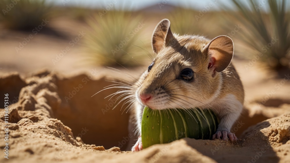 Obraz premium A small desert rodent resting on a cactus in a sandy landscape.