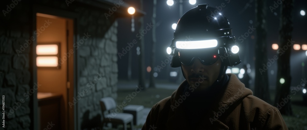 Person wearing futuristic helmet with glowing visor and brown jacket at night, cyberpunk aesthetic with moody lighting and stone wall background. Person wearing futuristic helmet with glowing visor and brown jacket at night, cyberpunk aesthetic with moody lighting and stone wall background.