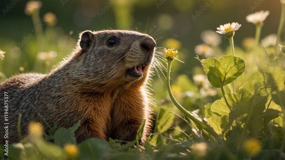 Fototapeta premium A close-up of a groundhog among flowers in a sunlit meadow.