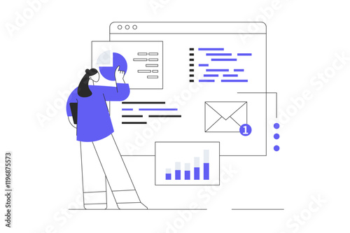 App development concept design. Character designing mobile application interface and working with content screen. Flat Cartoon Vector Illustration, icon. Stylish abstract Modern