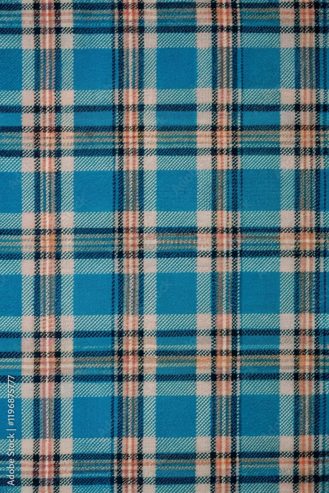 Classic Blue Tartan Plaid Textile fabric Pattern with Beige, White, and Black Lines in Traditional Scottish Style