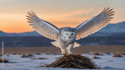 A snowy owl spreads its wings over a nest in a tranquil winter landscape at sunset.
