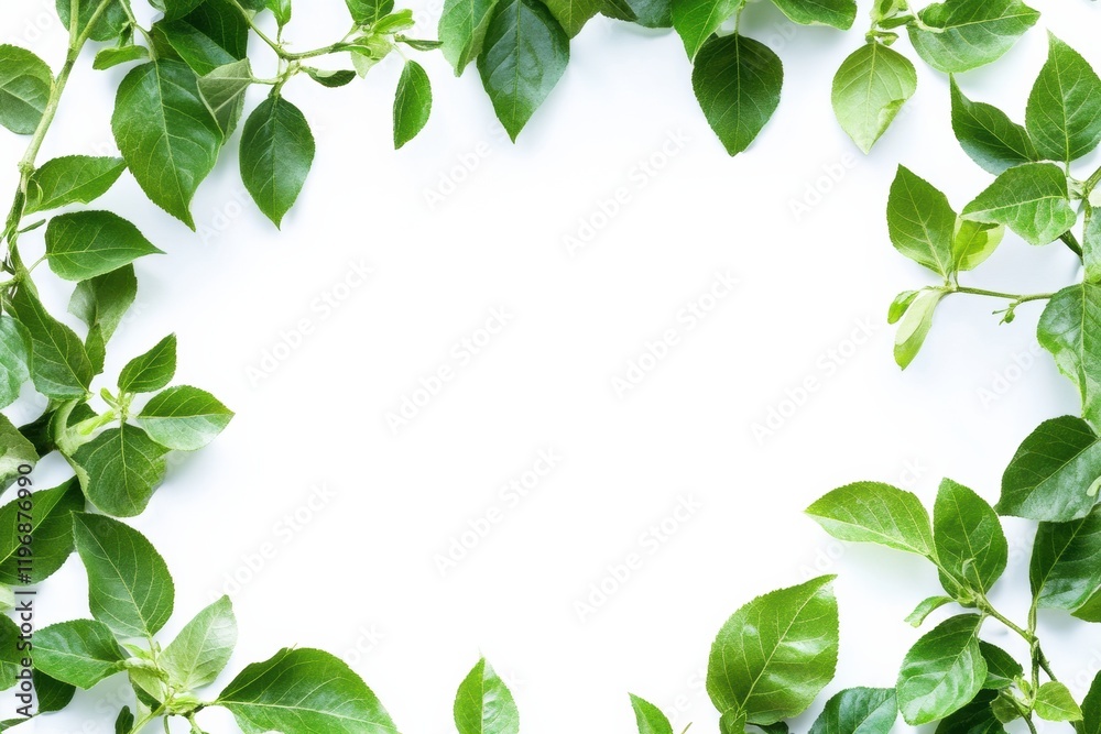 Fresh green leaves frame perfect for text placement in clean, minimalist design projects. Generative AI Fresh green leaves frame perfect for text placement in clean, minimalist design projects. Generative AI