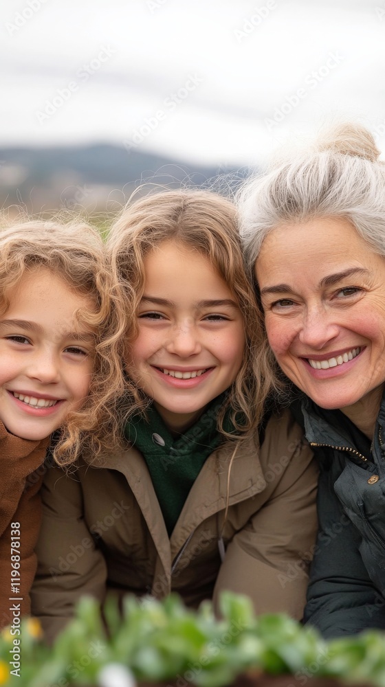 Smiling family enjoying outdoor time in nature, close-up portrait of joyful children and grandmother Smiling family enjoying outdoor time in nature, close-up portrait of joyful children and grandmother