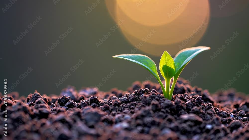 Time-lapse of a coffee plant sprout emerging from fertile soil and growing under warm sunlight