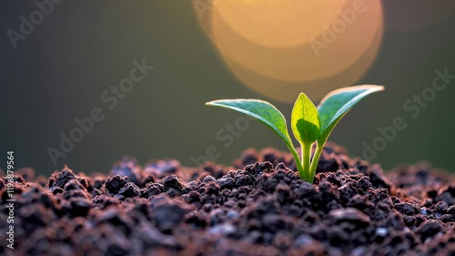 Time-lapse of a coffee plant sprout emerging from fertile soil and growing under warm sunlight