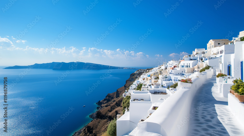 Fototapeta premium A Santorini hotel terrace offers a front-row seat to sunrise over the caldera, where the Aegean Sea sparkles, and guests enjoy a spread of Mediterranean delicacies, including figs,