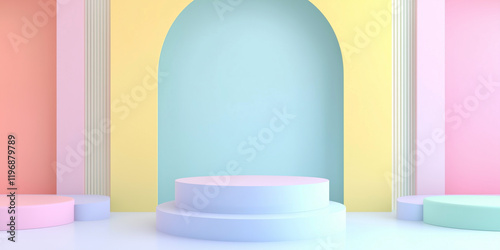 Abstract background mockup with pastel podium scene, geometrical shapes, and rainbow gradient arch for product display presentation