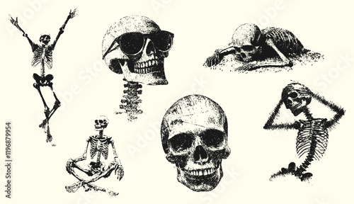 Collection of Skeleton Illustrations Featuring Different Poses and an Individual Wearing Sunglasses
