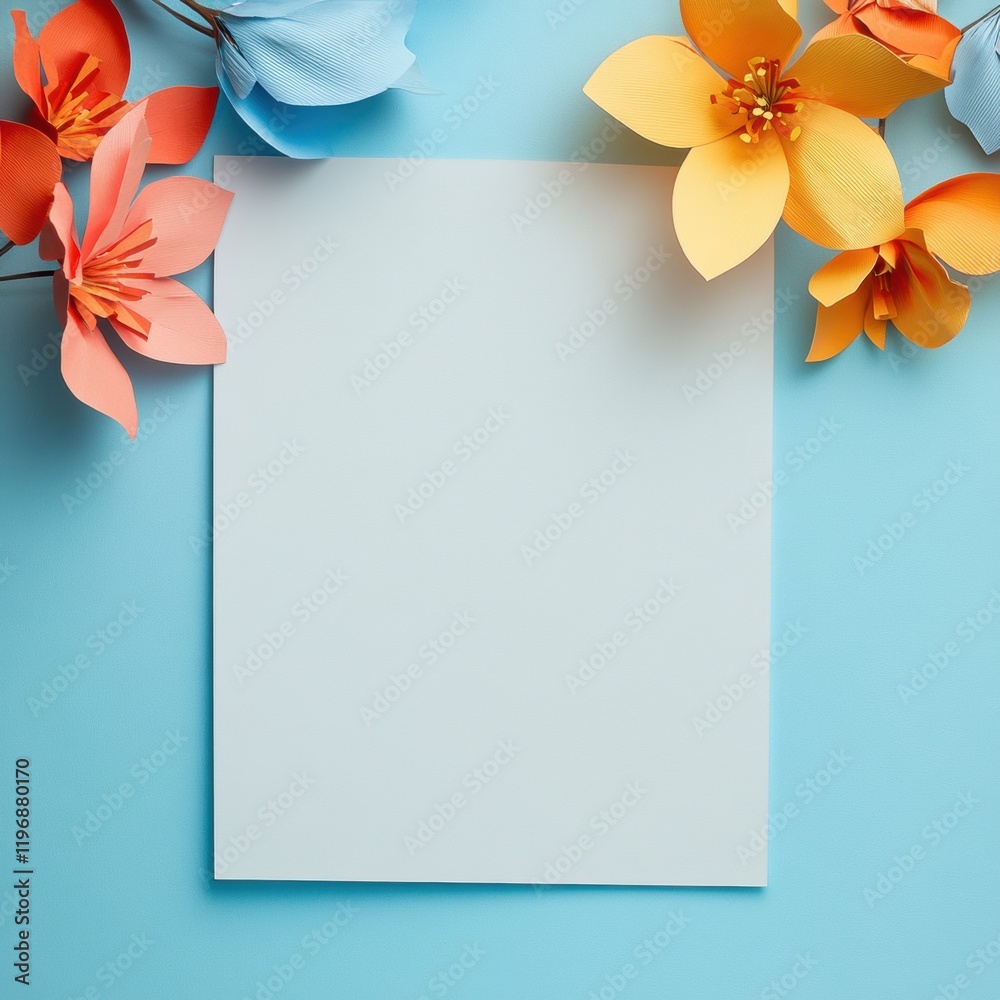Obraz premium Soft blue background with blank space for text and vibrant flowers on the sides for creative designs. Generative AI