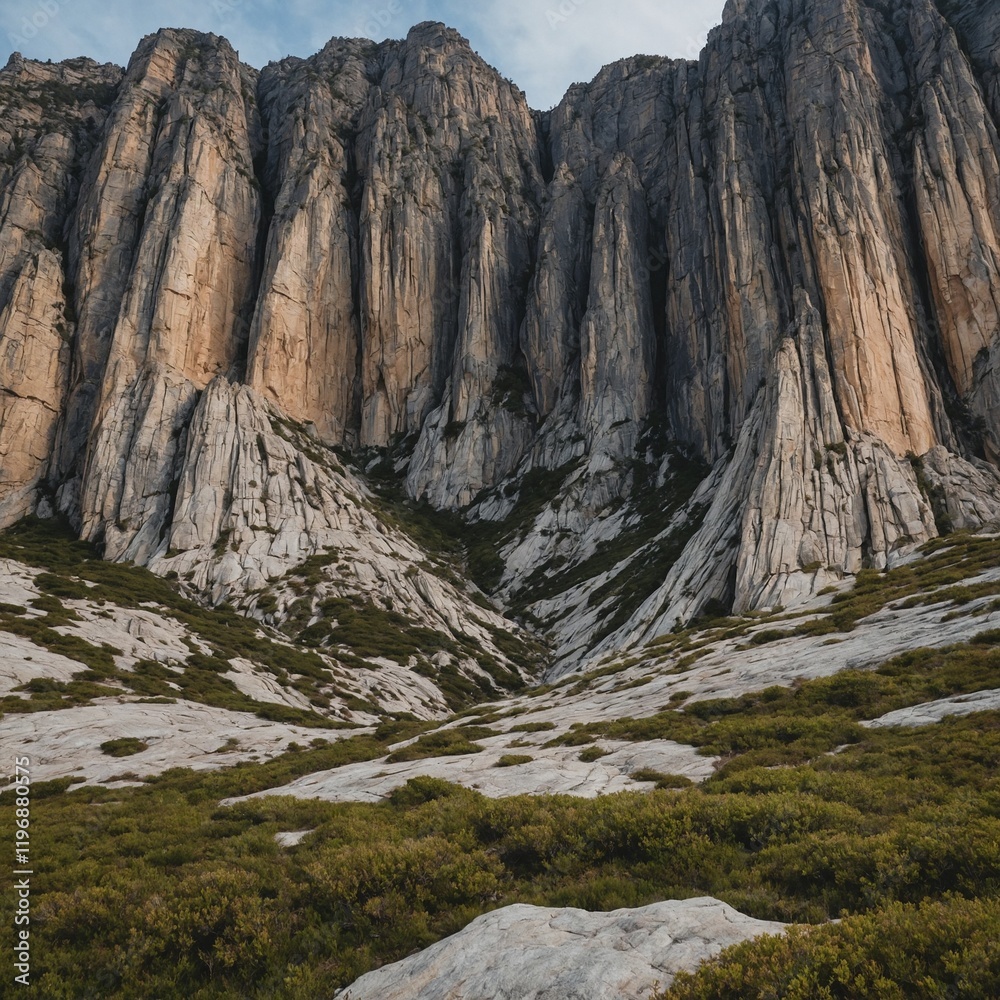 A dramatic cliff face of a mountain with intricate rock formations on white.
A dramatic cliff face of a mountain with intricate rock formations on white.