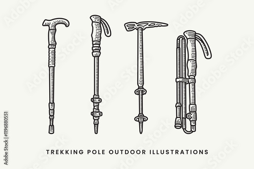 hiking sticks, trekking poles, nordic walking pole, hiking poles hatching engraving illustration vector element designs collection set for adventure, camping, explorer, mountaineering