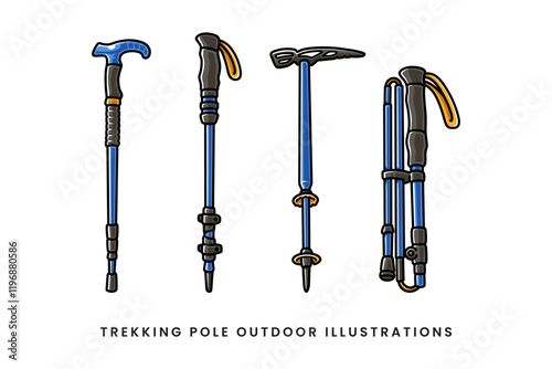 trekking poles, hiking sticks, nordic walking pole, hiking poles colorful doodle illustration vector element design collection set for adventure, camping, explorer, mountaineering