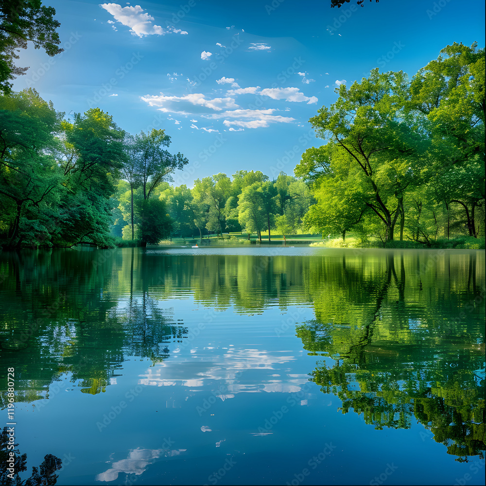 Tranquil Lake Amidst Verdant Forest with Reflective Waters under a Clear Blue Sky Tranquil Lake Amidst Verdant Forest with Reflective Waters under a Clear Blue Sky