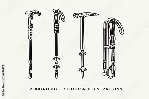 nordic walking pole, trekking poles, hiking sticks, hiking poles vintage outline illustration vector element designs collection set for adventure, camping, explorer, mountaineering
