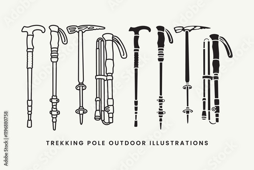 trekking poles, nordic walking pole, hiking sticks, hiking poles outline and filled solid style icon element designs collection set for adventure, camping, explorer, mountaineering