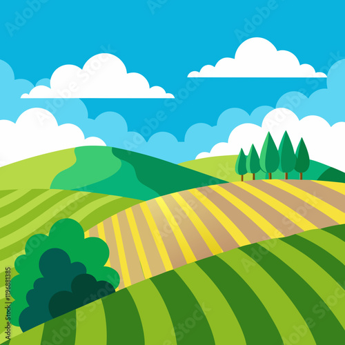 A vast, green vineyard stretches across rolling hills under a blue sky with scattered clouds