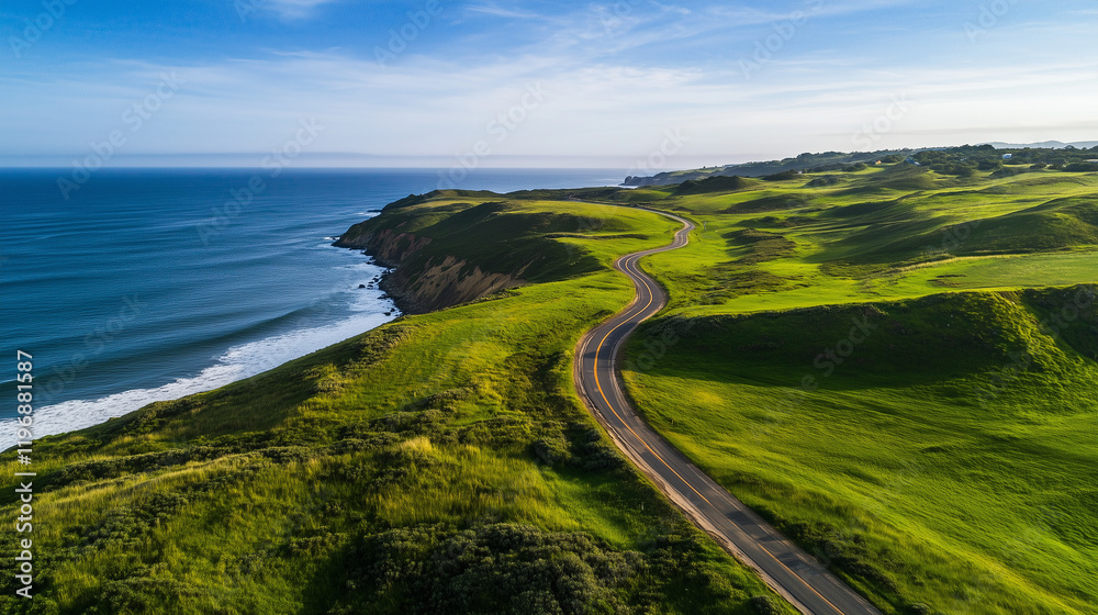 The serene beauty of a peninsula is revealed from above, where lush meadows meet winding coastal roads and gentle surf, with the endless ocean stretching beyond. The serene beauty of a peninsula is revealed from above, where lush meadows meet winding coastal roads and gentle surf, with the endless ocean stretching beyond.
