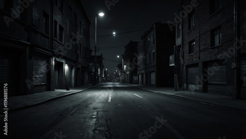 Street in the night .  An urban street at night, with streetlights illuminating the wet asphalt. The scene is dark, and buildings flank both sides of the empty road.