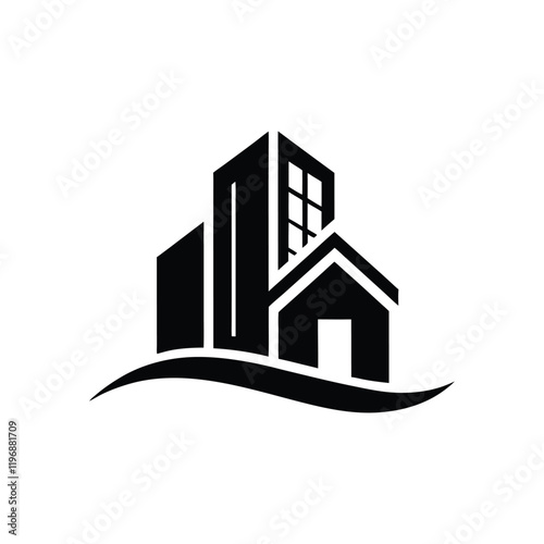 Contemporary real estate logo, elegant urban building silhouette, minimal corporate architecture design, modern city skyline vector, stylish professional branding icon.

