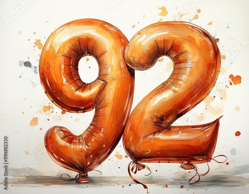 Orange birthday / anniversary party balloon, number 92, watercolor painting with white background photo