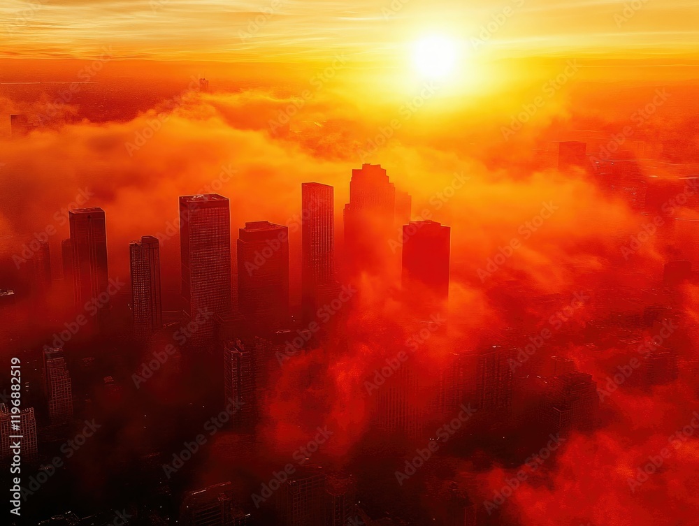 Fototapeta premium A fiery sky with dramatic orange and red hues, sunrise bathing a smoky urban landscape, skyscrapers barely visible through the thick haze.