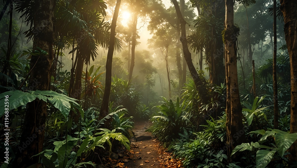 Morning in the forest . A lush forest path is illuminated by a golden sun. 