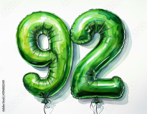 Green birthday / anniversary party balloon, number 92, watercolor painting with white background photo