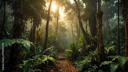 Morning in the forest . A lush forest path is illuminated by a golden sun. 