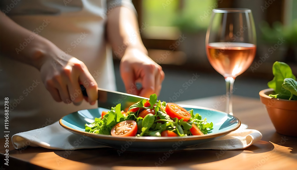 Fresh Salad and Pink Wine: Dining Elegance Captured in Action