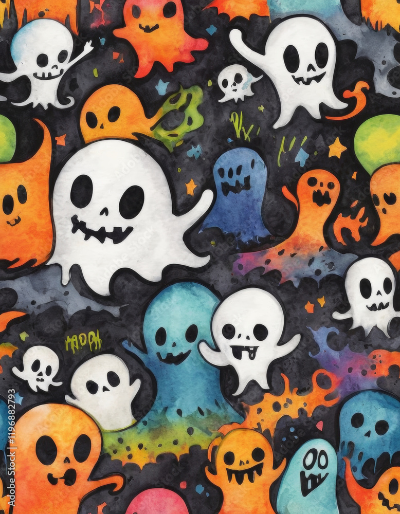 dynamic pattern illustration, spooky art and graffiti, bold, simplify, saturated colors, motifs like cute ghost and monster with skulls, impression of a lively grave at night dynamic pattern illustration, spooky art and graffiti, bold, simplify, saturated colors, motifs like cute ghost and monster with skulls, impression of a lively grave at night