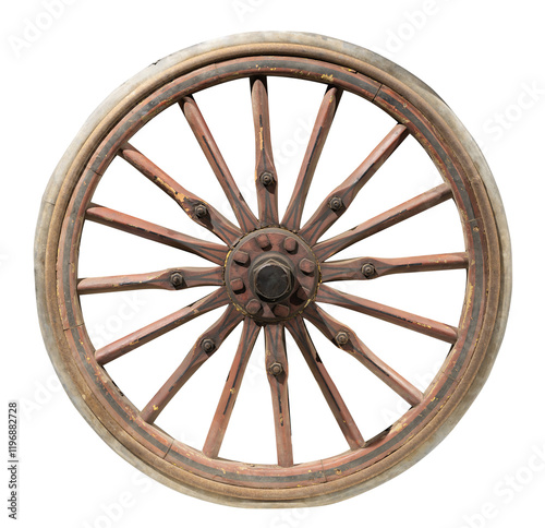 Antique wooden wagon wheel isolated on white photo