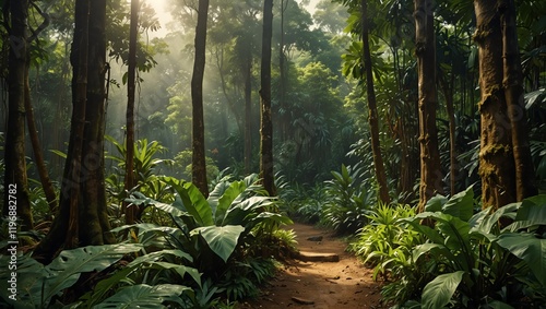 Rain forest in the morning . A forest path is bathed in sunlight; tall trees and broad-leafed plants line the path. 