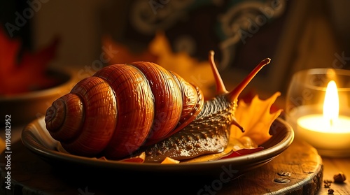 Giant snail on autumn leaves, candlelight dinner.
