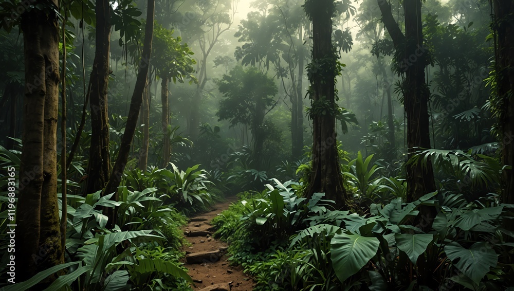 Morning in the forest . A dense jungle path appears in the center of the frame. Lush greens and deep shadows create a moody, yet peaceful nature scene.