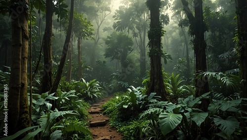 Obraz na płótnie Morning in the forest . A dense jungle path appears in the center of the frame. Lush greens and deep shadows create a moody, yet peaceful nature scene. w salonie