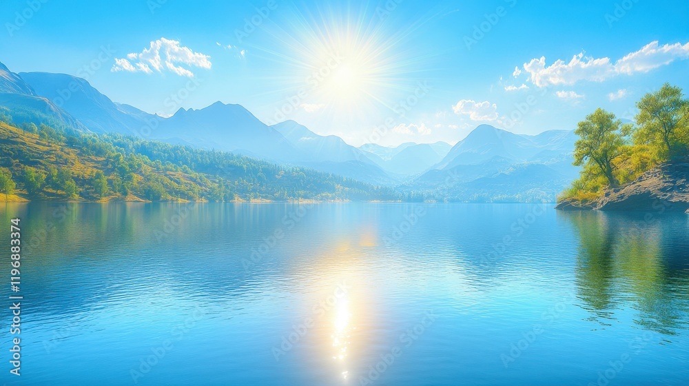 Fototapeta premium Serene Mountain Lake Under Bright Sunny Sky