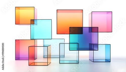 3D Render of Abstract Geometric Background with Translucent Glass and Colorful Gradient Square Shapes