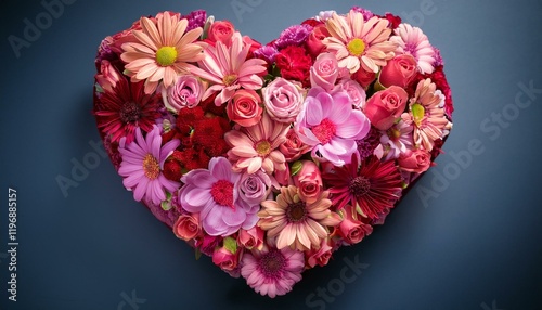 A big heart-shaped bouquet made of pink, red, and purple flowers. A romantic floral arrangement perfect for Valentine’s Day or love celebrations.