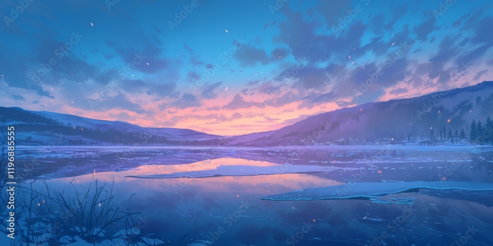 Fototapeta premium Winter Sunset Over a Frozen Lake . Anime style