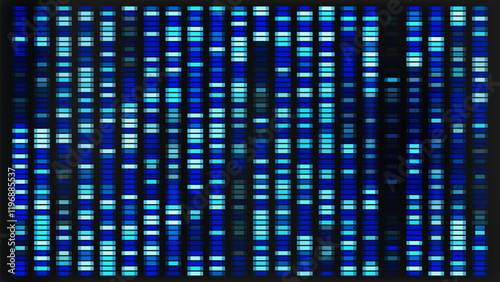 DNA sequence map with genetic data pattern. Abstract chromosome visualization for medical test and analysis. Science and biology bg graphic design with x and y genome evolution. Glitch wallpaper.