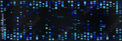 DNA sequence map with genetic data pattern. Abstract chromosome visualization for medical test and analysis. Science and biology bg graphic design with x and y genome evolution. Glitch wallpaper.