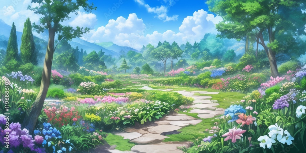 Enchanted Garden Path in Springtime . Anime style Enchanted Garden Path in Springtime . Anime style