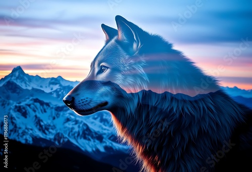 Majestic Wolf Silhouette Mountain Sunset Dramatic Art photo