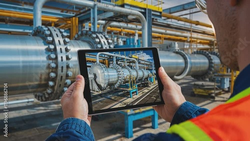 Close-up view of a worker's hands holding a tablet displaying detailed imagery of industrial piping and equipment.