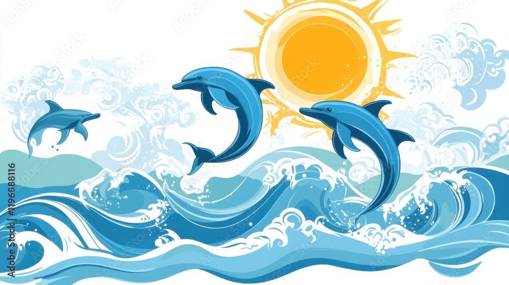 Playful Dolphins Jumping Through Waves Under Bright Sun in a Vibrant Ocean Scene with Decorative Elements and Dynamic Motion Representing Nature's Beauty Playful Dolphins Jumping Through Waves Under Bright Sun in a Vibrant Ocean Scene with Decorative Elements and Dynamic Motion Representing Nature's Beauty
