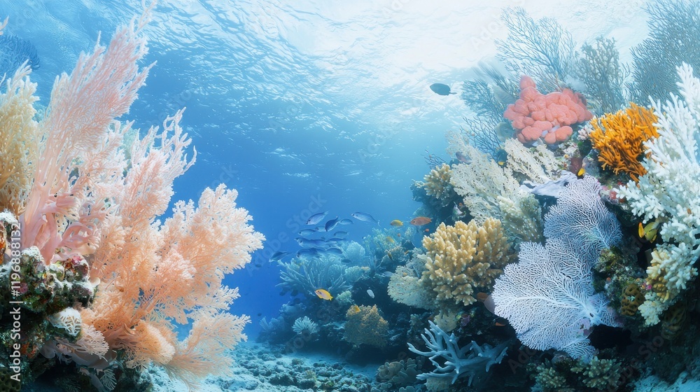 Naklejka premium Vibrant coral reef teeming with diverse fish and sea life.