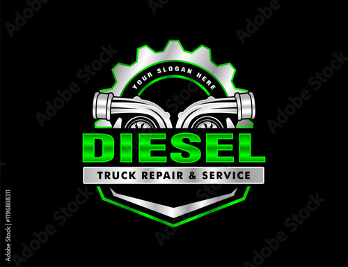 diesel auto repair and garage logo Emblem with gear, turbo, and piston elements