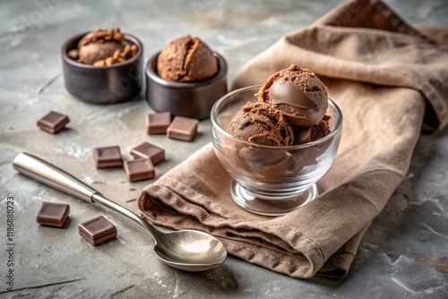 Sweet dessert. The love of ice cream. Balls of chocolate ice cream in a creamer. Ice cream day. Banner, advertisement. photo